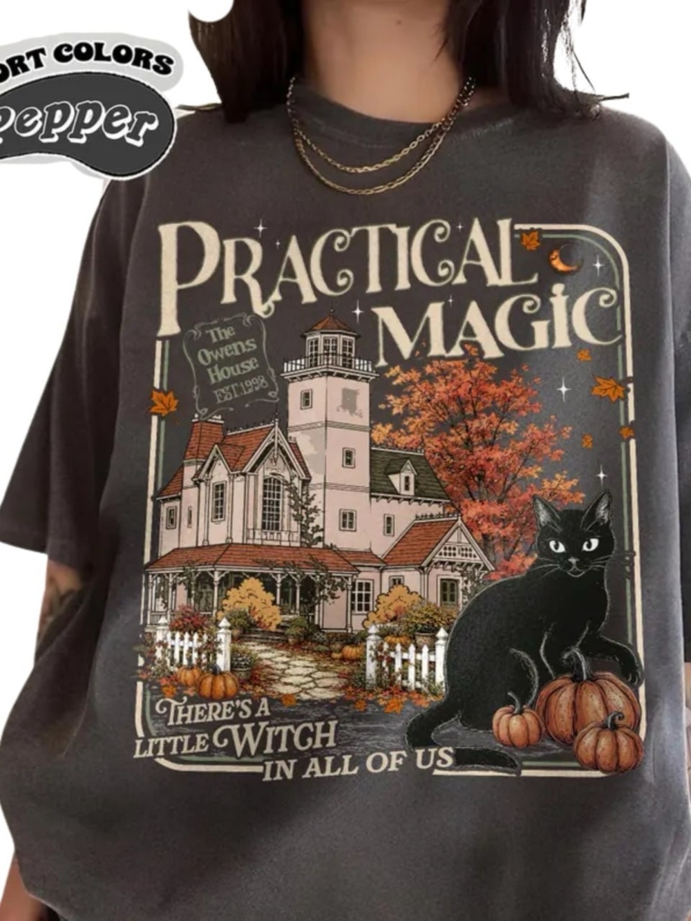 Comfort Color Pepper Practical Magic Graphic Tee with Black Cat & Orange Accent